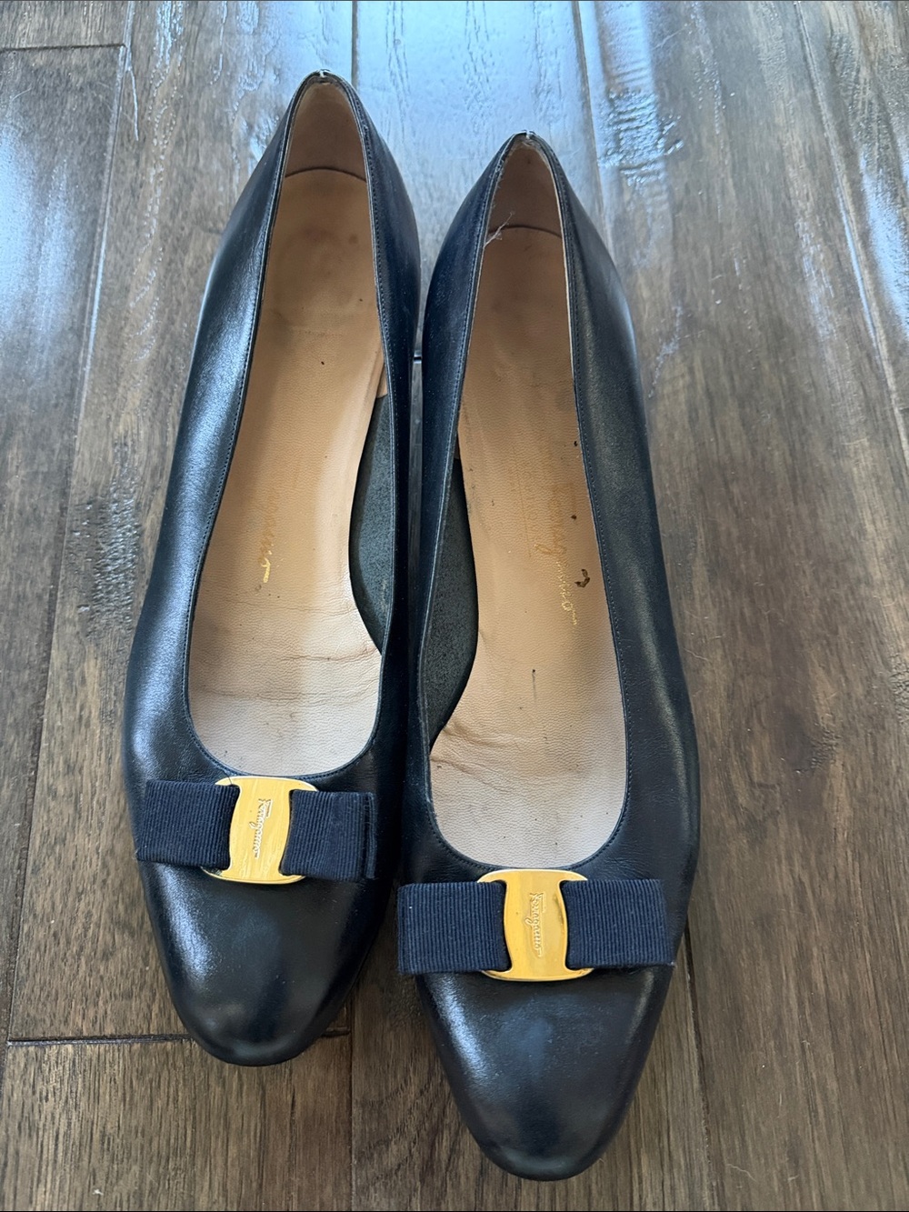 Farragamo Black Leather shoes with Gold Bow Accent